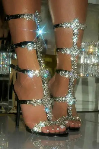 Hot Pink Black Leather Bling Crystal Rhinestone Gladiator Hollow High Heel Summer Sandals Women Banquet Bride Wedding Shoes Lady