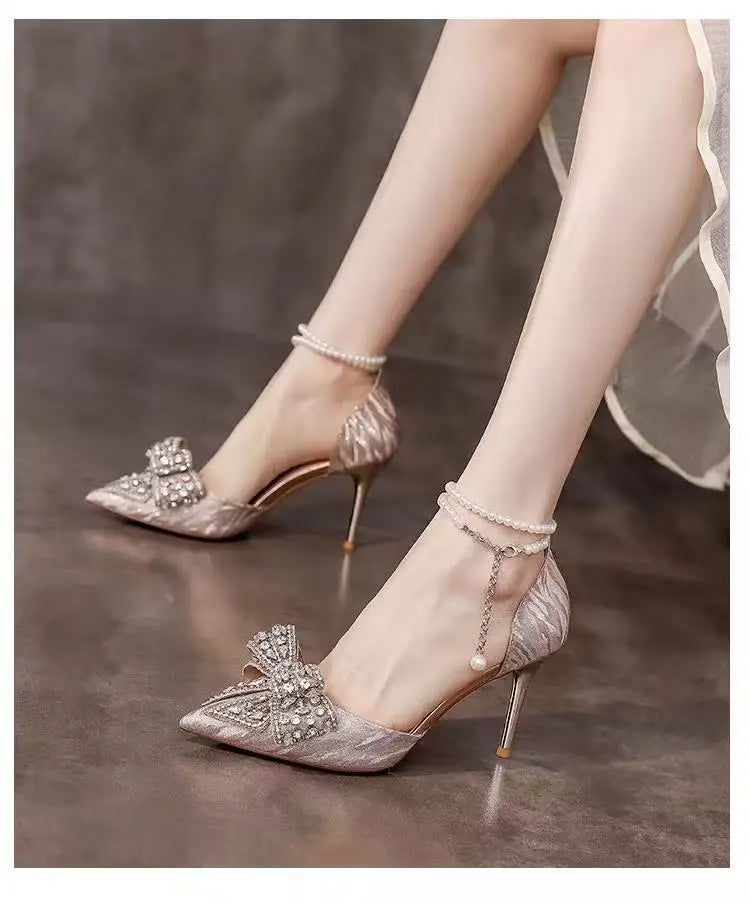 Crystal high-end feel, water diamond bow one-button high heels, women's pointed toe thin heels, silver wedding shoes