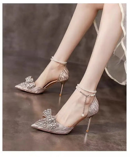Crystal high-end feel, water diamond bow one-button high heels, women's pointed toe thin heels, silver wedding shoes