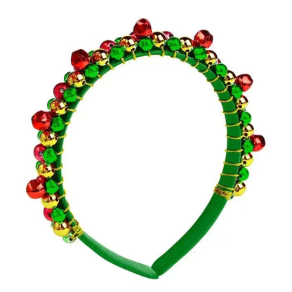 Festive Christmas Headband with Red & Green Beads,Golden Accents & Bell Charms -Wrapped Party Accessory for Holiday Celebrations