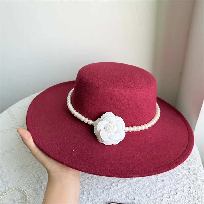 French Black Big Brim Top Hat Women Elegant Retro Style Flat-top Fedora Hat British Pearl Floral Wide Brim Hat Photography
