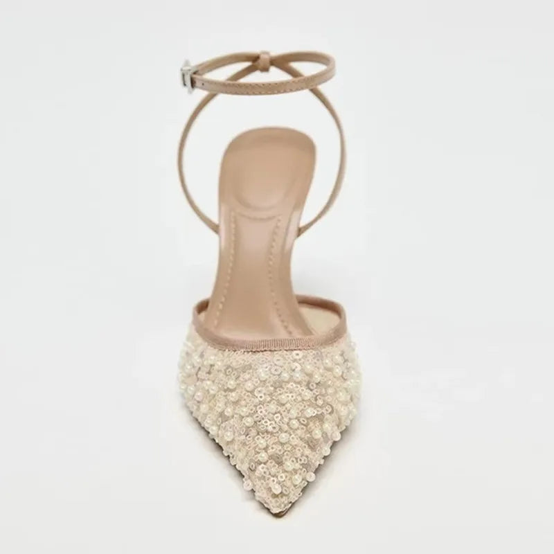 Luxury Bling String Bead Mesh Designer Pumps Women Sexy Pointed Toe Ankle Strap High Heels Elegant Party Wedding Heeled Sandals