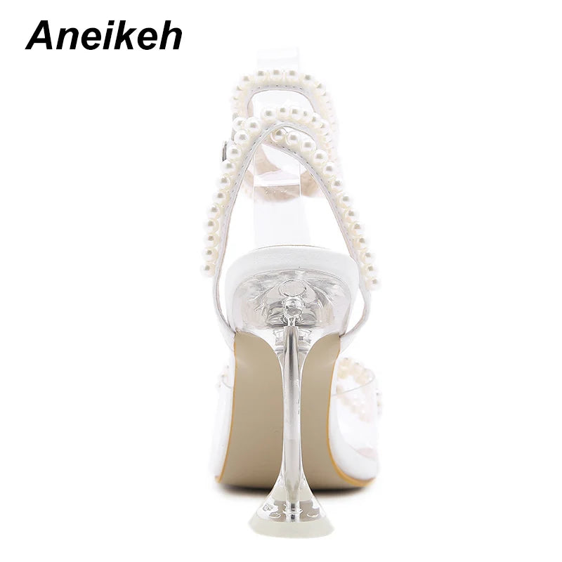 Aneikeh 2025 Summer White String Bead High Heels Wedding Shoes Butterfly-Knot Narrow Band Thin Heels  Square Toe Party Sandals