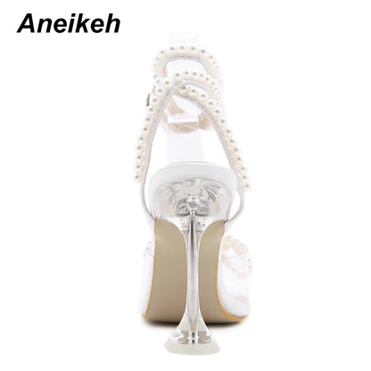 Aneikeh 2025 Summer White String Bead High Heels Wedding Shoes Butterfly-Knot Narrow Band Thin Heels  Square Toe Party Sandals