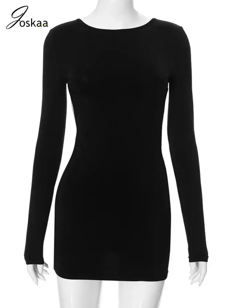 Joskaa Elegant Hollow Out Mini Black Dress Women Sexy O-Neck Long Sleeve Backless Body-Shaping Vestidos Autumn Party Clubwear