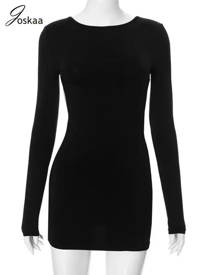 Joskaa Elegant Hollow Out Mini Black Dress Women Sexy O-Neck Long Sleeve Backless Body-Shaping Vestidos Autumn Party Clubwear