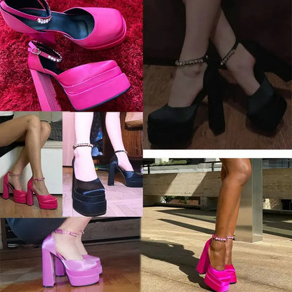 2025 New High Heels Candy Color Single Shoes Fashion Rhinestone Platform One Line With Thick Soled Women's Party Pumps