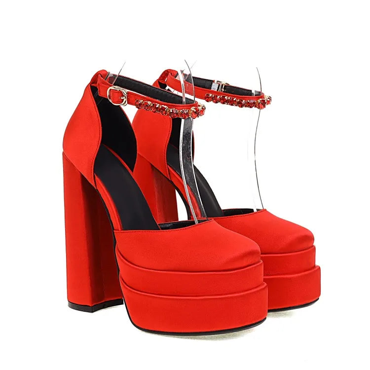 2022 Brand Women's Sandals 14.5CM Silk Thick Heels High Platform Rhinestone Small Big Size 32 43