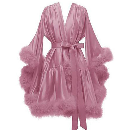 Ostrich Feathers Good Quality in Stock Women Lingerie Fur Robe Luxury Silk Prom Dress Party Gowns Sexy Evening Elegant Dress