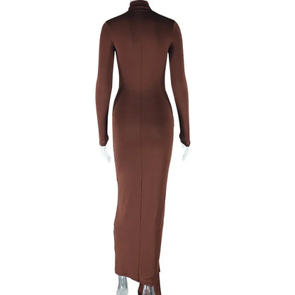 CM.YAYA Women Full Sleeve Turtleneck Ribbon Ruched Long Maxi Dress 2025 Spring Sexy Street Slim Evening Night Club Party Dresses