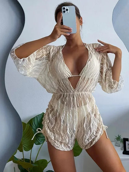 2024 3PCS Lace Hollow Out Bikini For Women Sexy Swimwear Female Pleated Cover Up Swimsuit Beach Wear New Brazilian Bathing Suit
