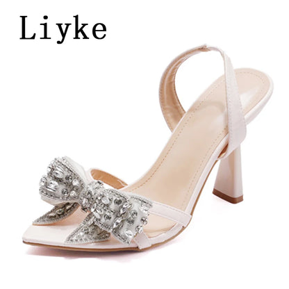 Liyke Sexy Slingback Sandals Women Summer Fashion Rhinestone Bowknot Designer High Heels Wedding Party Prom Shoes Zapatos Mujer
