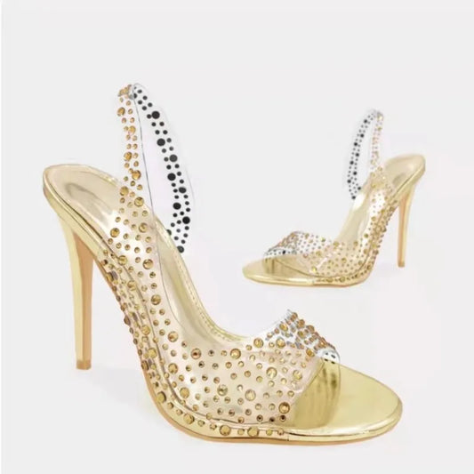 Rhinestone High Heel Open Toe Sandals Women's Cross Pointed Toe Back Trip Strap Crystal Fish Mouth Fashion Shoes Plus Size