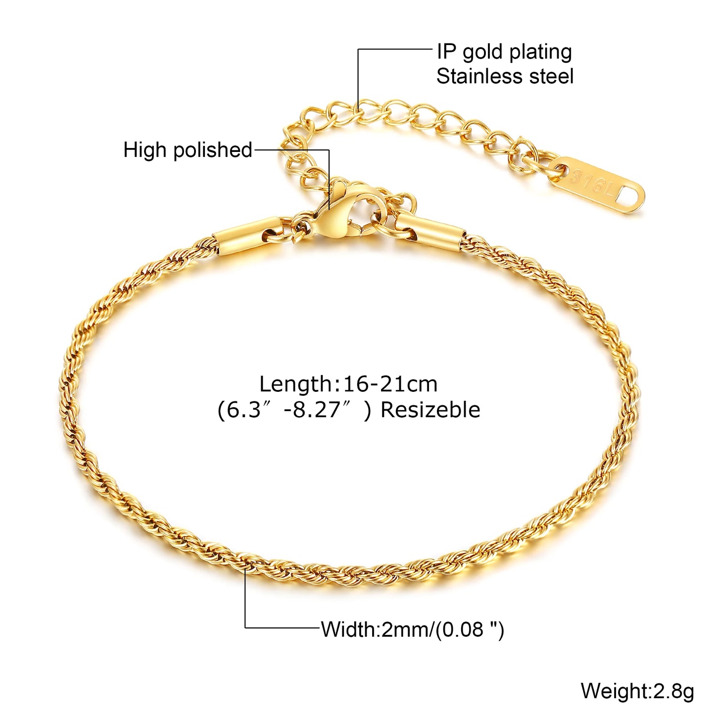 18K Real Gold Plated Bracelet Stackable for Women, Dainty Satellite Link Chain Bracelets Adjustable Minimalist Jewelry