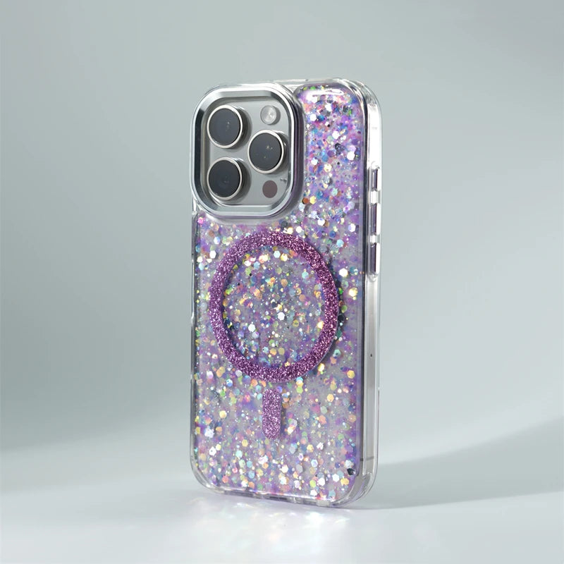 Trendy Glitter Foils Shockproof MagSafe Phone Case for iPhone 16 17pro max 14 15 Pro 13 12 Magnetic Wireless Charging Hard Cover