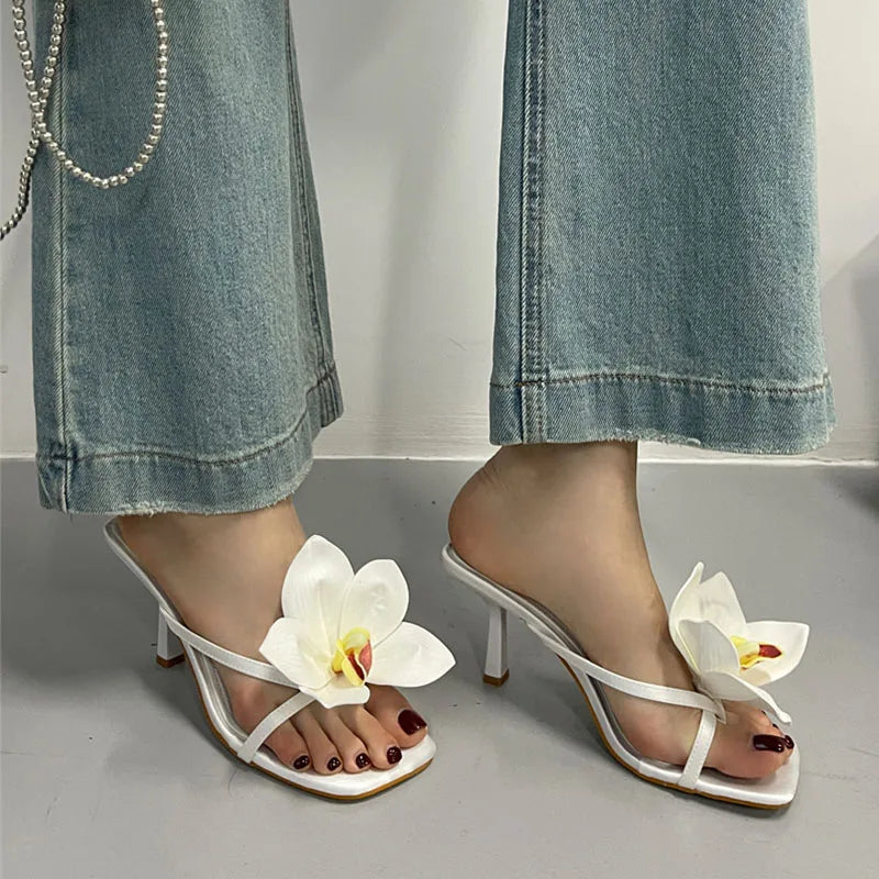 2025 New Fashion Flower Women Thin Heels Pumps Slides Shoes Female Flip flops Square Toe Ladies Heeled Sandals Shoes Big Size 43