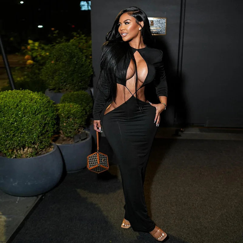 DSMTRC Hollow Out Womens Irregular Waistless Backless Sexy Coquette Dresses Full Sleeve Stretch Skinny Clubwear Hipster Vestidos