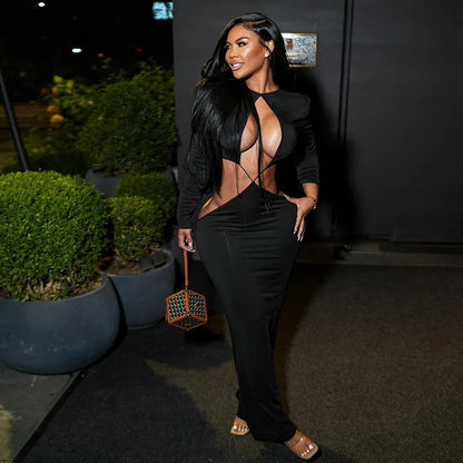 DSMTRC Hollow Out Womens Irregular Waistless Backless Sexy Coquette Dresses Full Sleeve Stretch Skinny Clubwear Hipster Vestidos