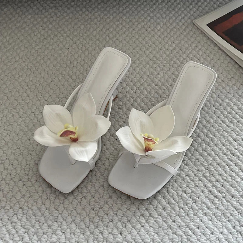 2025 New Fashion Flower Women Thin Heels Pumps Slides Shoes Female Flip flops Square Toe Ladies Heeled Sandals Shoes Big Size 43