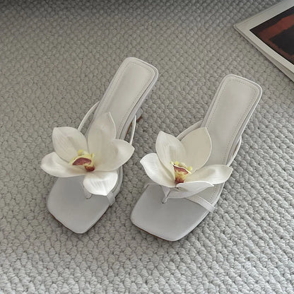 2025 New Fashion Flower Women Thin Heels Pumps Slides Shoes Female Flip flops Square Toe Ladies Heeled Sandals Shoes Big Size 43