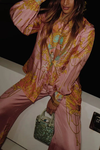 Swimsuit Cover Up Beach Women Dress Summer 2025 Kaftan Saida De Praia New Leisure Vacation Long Sleeved Pink Printed Shirt Pants