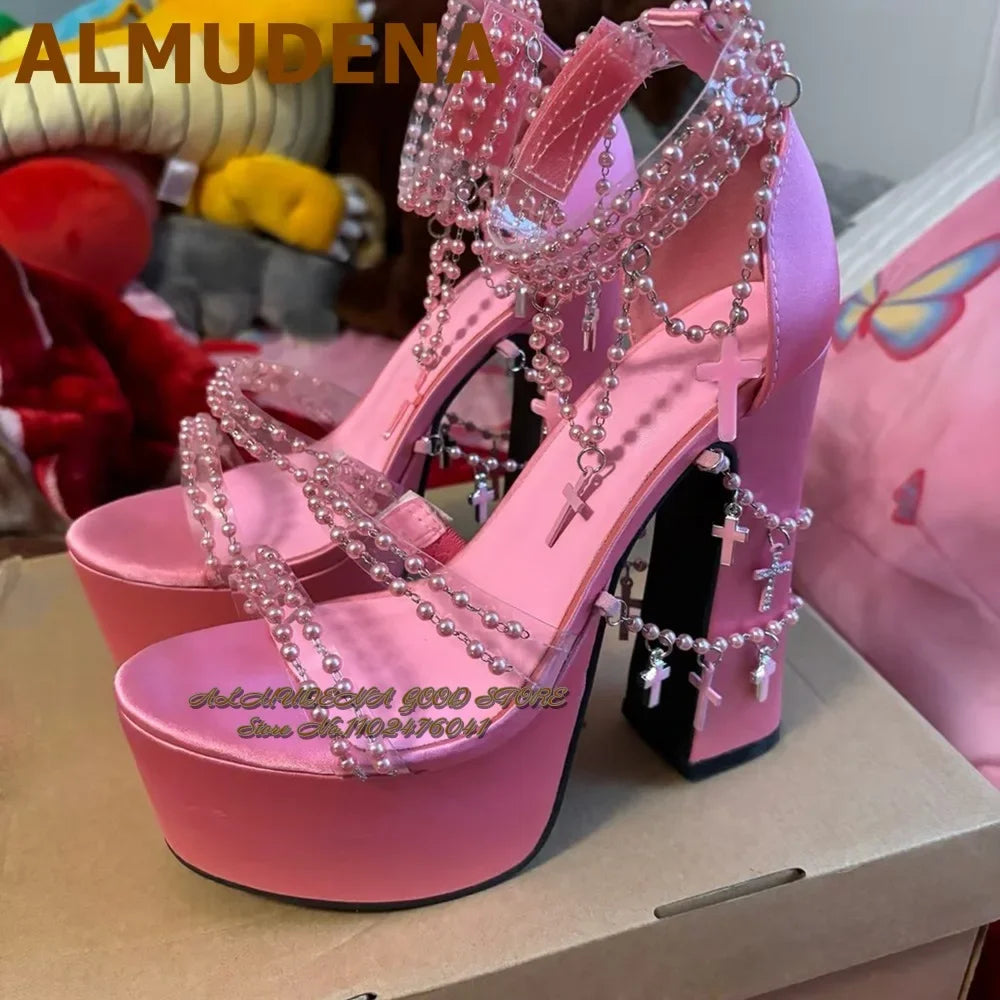 ALMUDENA Black Satin Fabric Strange Block heel Sandals Pink Velvet Pearl Chain Platform Chunky Heels Wedding Pumps Jewelry