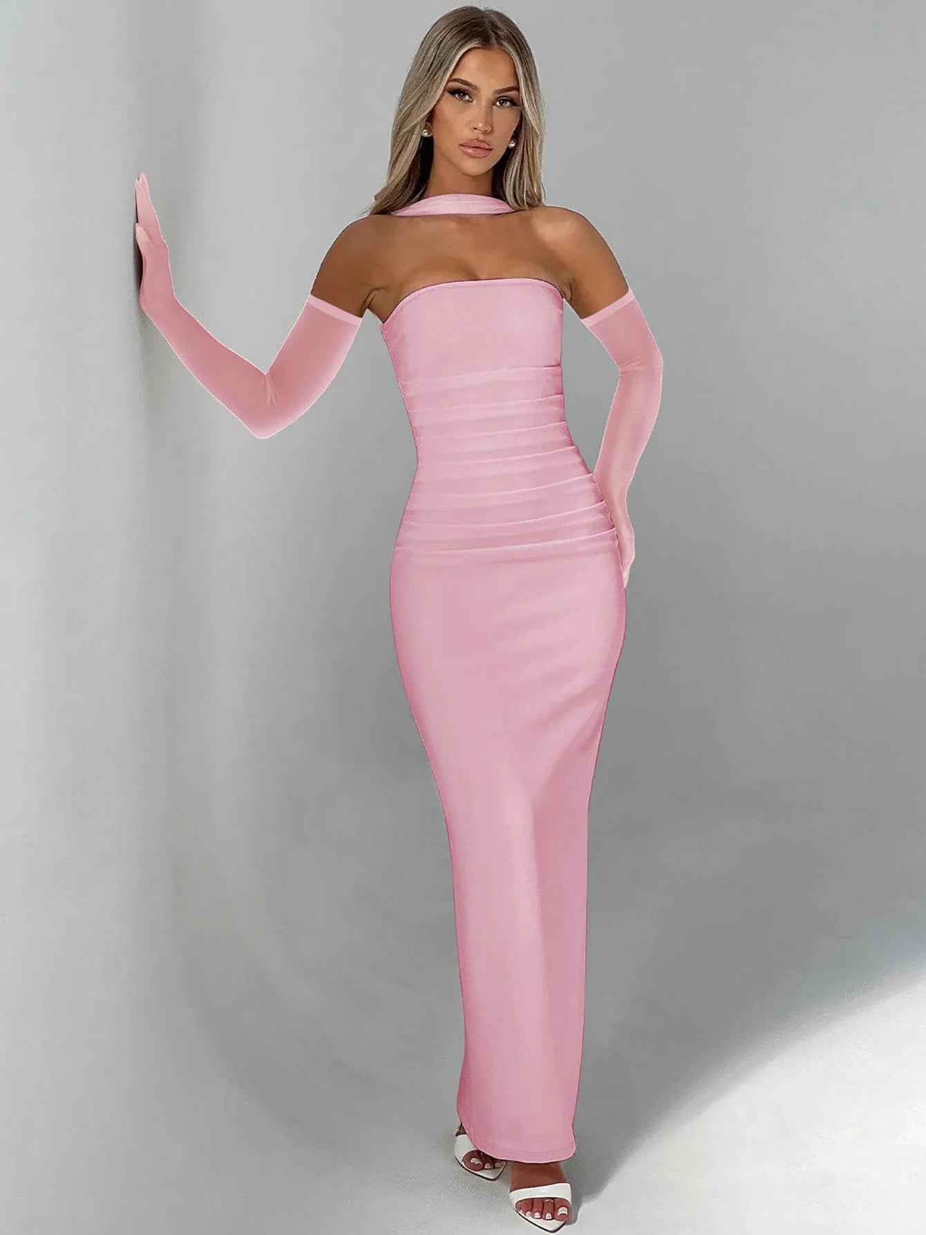 Hugcitar Elegant Scarf Strapless Solid Mesh Gloves Sexy Bodycon Maxi Prom Dress Women Fashion Y2K Outfits Wedding Party Birthday