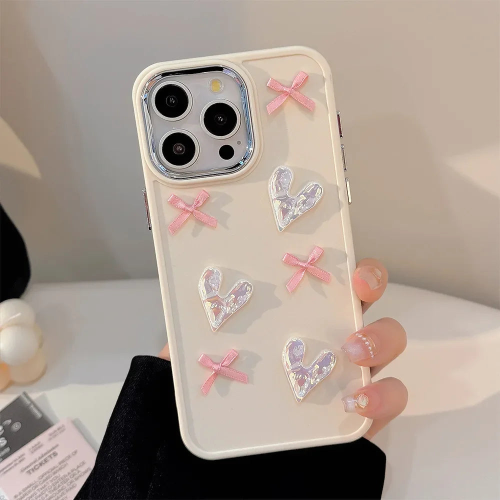 3D Pink Love Heart Bow Phone Case for IPhone17 16 15 14 12 13 11 Pro ProMax Mini Plus X XR Shockproof Phone Cover