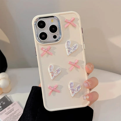 3D Pink Love Heart Bow Phone Case for IPhone17 16 15 14 12 13 11 Pro ProMax Mini Plus X XR Shockproof Phone Cover