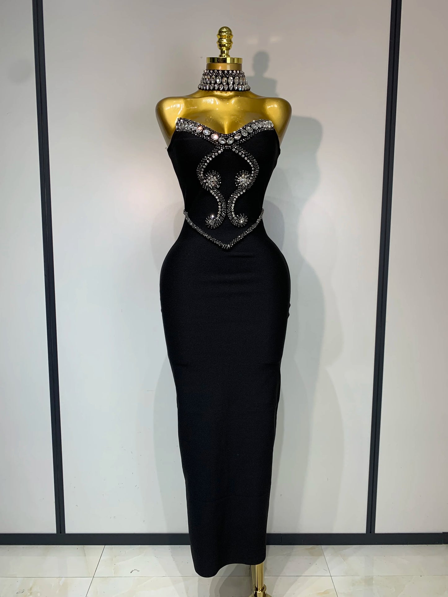 High Quality Strapless Beading With Necklace Bandage Dress  Celebrity Elegant  Evening Party Fancy Club Birthday Dresses