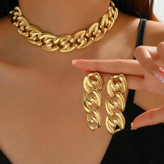 2PCS Set Big Cuban Chain Earring Necklace Set Gold Color Chunky Chain Collares Vintage Choker Drop Earring Jewelry Set