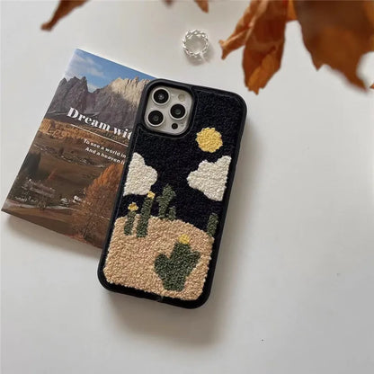 Fuzzy Cactus Embroidery Case for IPhone 16 Pro Max/15 14/13/XS/12/11 Sunflower Plush Shockproof Cover Unique Style for Men Women