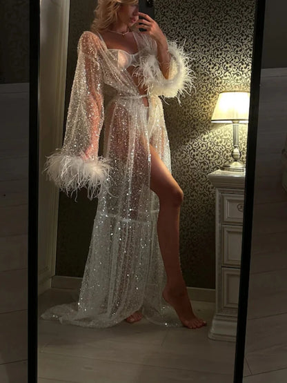 Women's Sequins Nightdress Feather Patchwork Long Sleeve Tulle Night Dress Kimono Robe Sleepwear Plush Cuff  Bikini Cover up