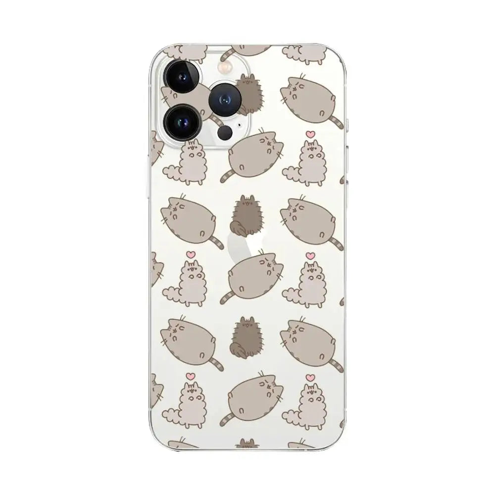Cute Cartoon Cat P-Pusheens Phone Case Transparent For IPhone 16 15 11 13pro Max 14Plus X Xr Xs Max 12mini - Clear Cover