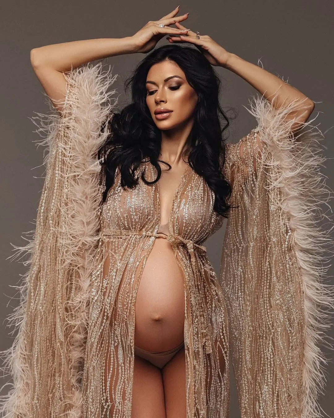 Sparkle Sequins Lace Maternity Dresses Photoshoot платье для беременных Feathers Maternity Robe Cape Pregnancy Dress Shoot Props