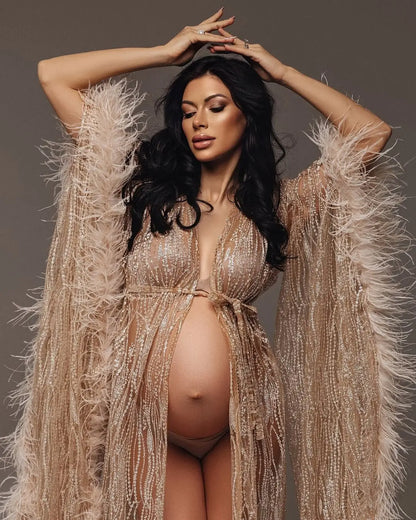 Sparkle Sequins Lace Maternity Dresses Photoshoot платье для беременных Feathers Maternity Robe Cape Pregnancy Dress Shoot Props