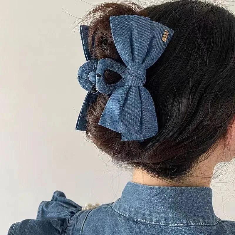 1PC Denim Fabric Hair Clip Bow Clip, Women's Elegance Back of the Head Updo Grip Clip Elegant Shark Clip Hairpin Headpiece
