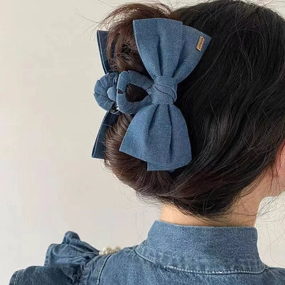 1PC Denim Fabric Hair Clip Bow Clip, Women's Elegance Back of the Head Updo Grip Clip Elegant Shark Clip Hairpin Headpiece