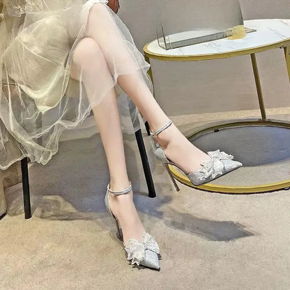 For Office Work High Heels Ladies Shoes Footwear Sandals Women Summer 2024 Thin Transparent Pointed Toe Open Silver Bow Comfort