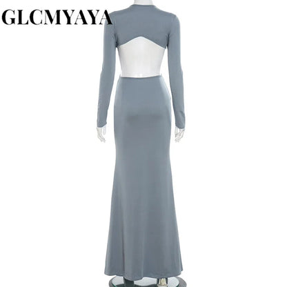 GLCMYAYA Women Cutout Roll Splicing Long Sleeve Bodycon Midi Maxi Long Dress 2025 Fall Vacation Party Birthday Dresses Vestidos
