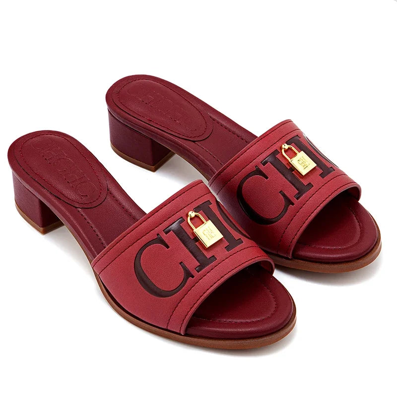 CH Fashion Monogram Print Elegant Design Women's Low Heeled Slippers Solid Color High Quality Metal Lock Simple Single Shoes.