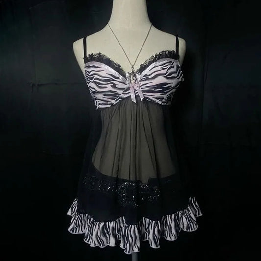 Unique Rock Gothic Aesthetics Mesh yarn Y2K Dress Harajuku Hip Hop Fashion Braces skirt Punk Streetwear A-line skirt Dark style