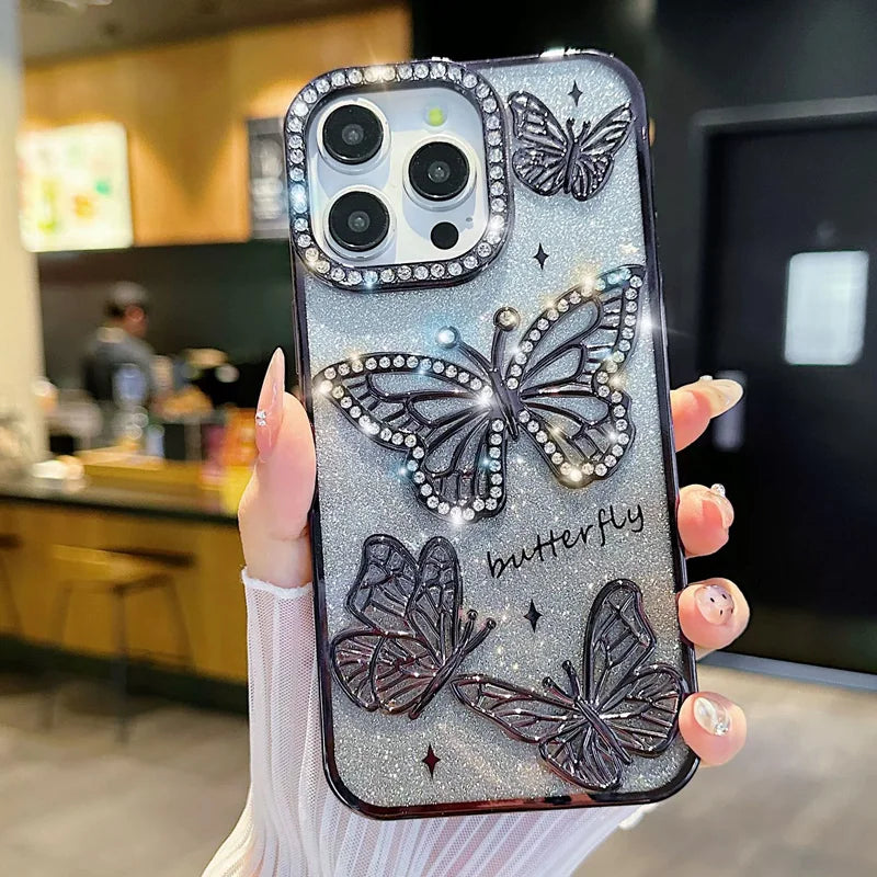 Butterfly Glitter Phone Cases For IPhone 17 16 Pro Max 15 14 13 12 11 Rhinestone Back Cover