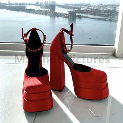 Luxury Brand Women High Heesl Sandals Sexy Thick Heel Platform Shoes Square Toe Rhinestone Woman's Pumps Party Wedding Shoes new