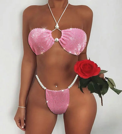 Sparkling Rhinestone Triangle Bikini Set Sexy Pearl Diamond Mesh Swimsuit Hollow Out Halter Bandage Women Swimwear Bathing Suit