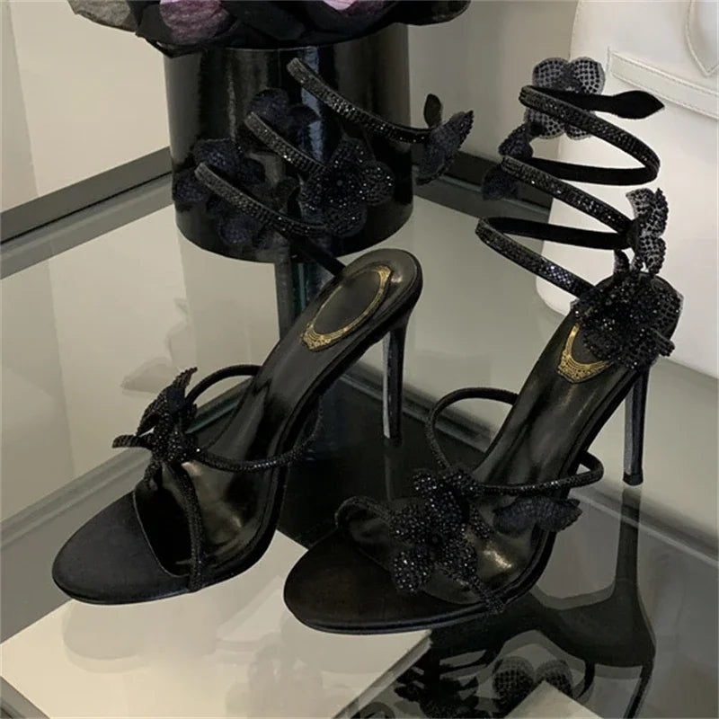 Aneikeh 2025 Summer Open Toe Ankle Strap Female Sandals Shoes Street Style CRYSTAL Narrow Band Thin High Heels Women Sandals