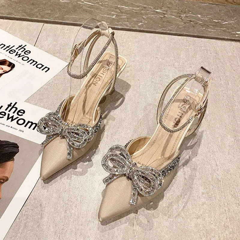 Pointed Toe Women's Sandals Crystal Bow High Heels Shoes 2025 Summer Luxury Mary Jane Shoes Party Pumps Sexy Slides Mujer Zapato