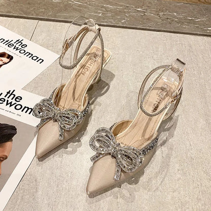 Pointed Toe Women's Sandals Crystal Bow High Heels Shoes 2025 Summer Luxury Mary Jane Shoes Party Pumps Sexy Slides Mujer Zapato