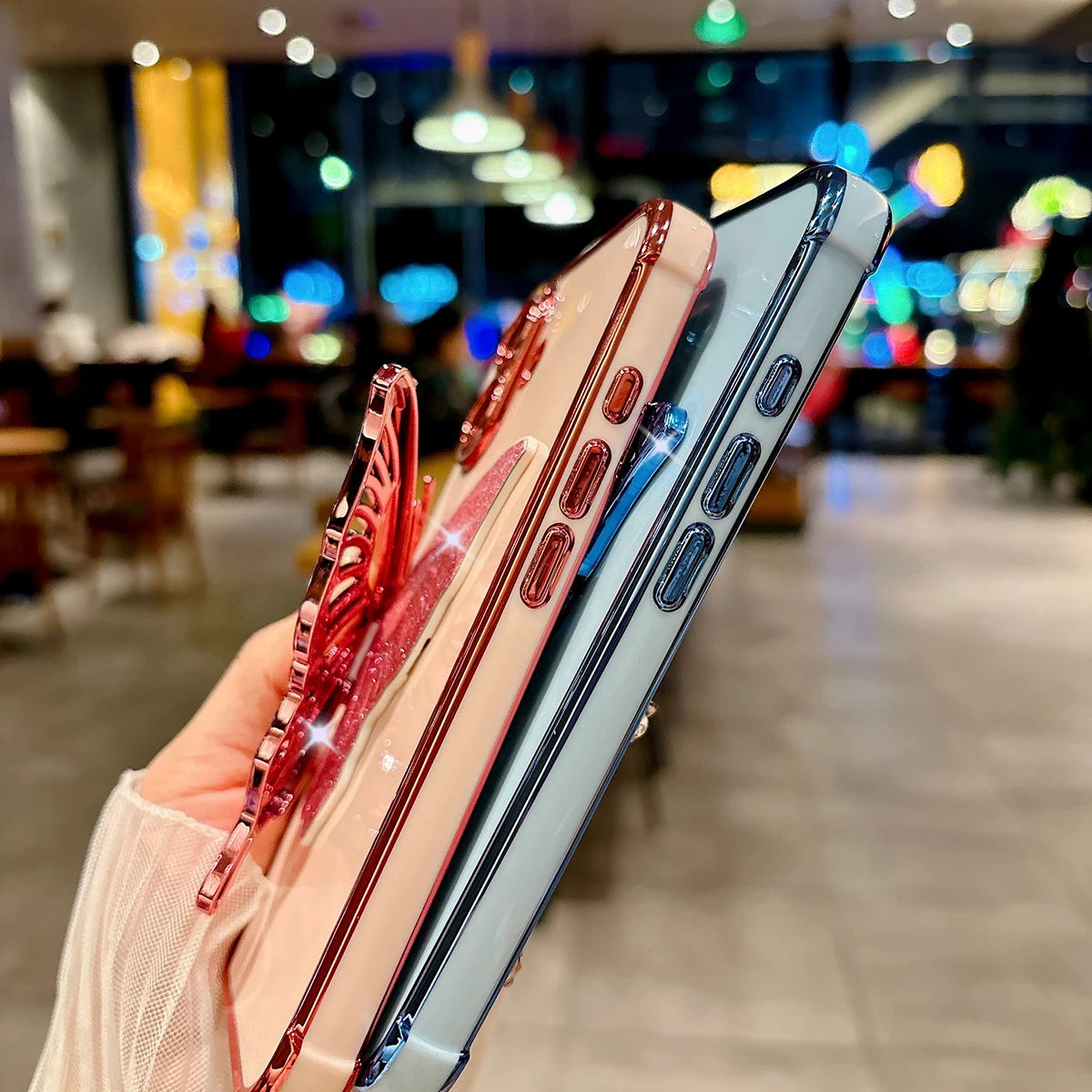 Glitter Butterfly Holder Phone Case for IPhone 7 8 16 15 14 Plus Pro MAx 12 13 Mini Side Pattern Drop Resistant PC Plating Case