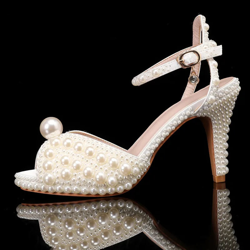 Luxury All Pearls Rhinestones Peep toe Women Sandals Fashion Ankle Strap Platform Thin High heels Elegant Bridal Wedding Shoes